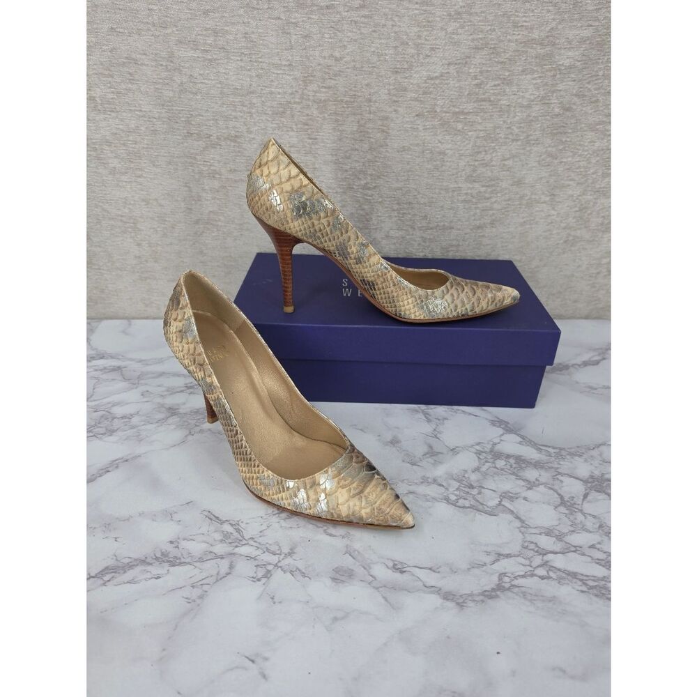 Stuart Weitzman Iris Honey Mica Python Snakeskin Pointed-Toe Stiletto Pumps
